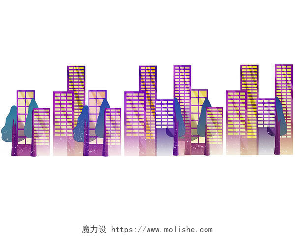 彩色手绘卡通城市建筑高楼大厦剪影元素PNG素材